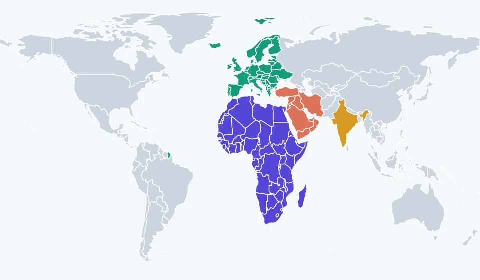 World map highlighting Africa, Europe, India, and the Middle East